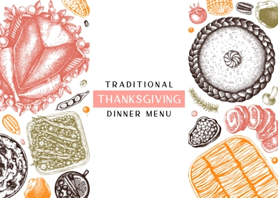 Thanksgiving dinner menu design in color. With roasted turkey, cooked vegetables, rolled meat, baking cakes and pies sketches. Vintage autumn food frame. Vector Thanksgiving day background.